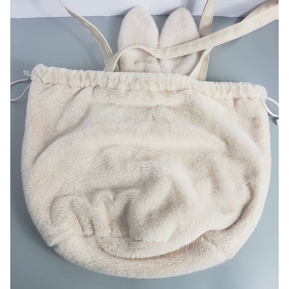 Kids Cream Faux Fur‎ Bunny Ear Drawstring Tote Bag with Pom Pom Tail cream